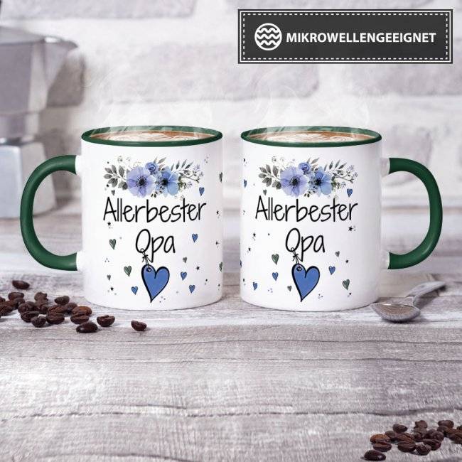 Tassendruck mit schönem Blumenmotiv - Allerbester Opa - Innen & Henkel Dunkelgrün Osterangebot