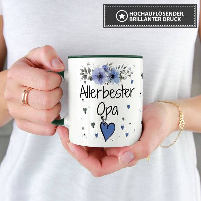 Tassendruck mit schönem Blumenmotiv - Allerbester Opa - Innen & Henkel Dunkelgrün Osterangebot