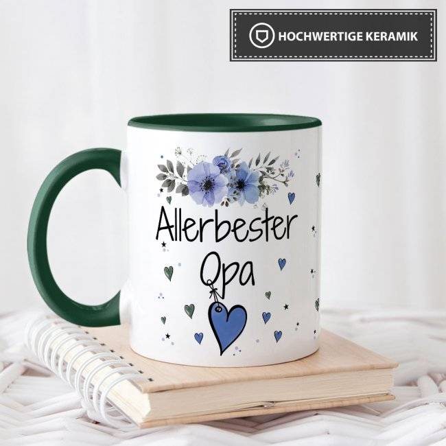 Tassendruck mit schönem Blumenmotiv - Allerbester Opa - Innen & Henkel Dunkelgrün Osterangebot