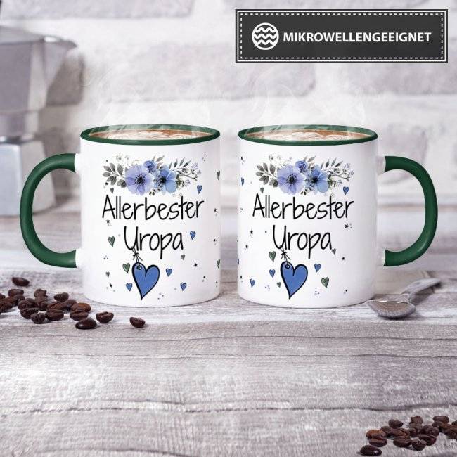 Tassendruck mit schönem Blumenmotiv - Allerbester Uropa - Innen & Henkel Dunkelgrün Muttertagsangebot