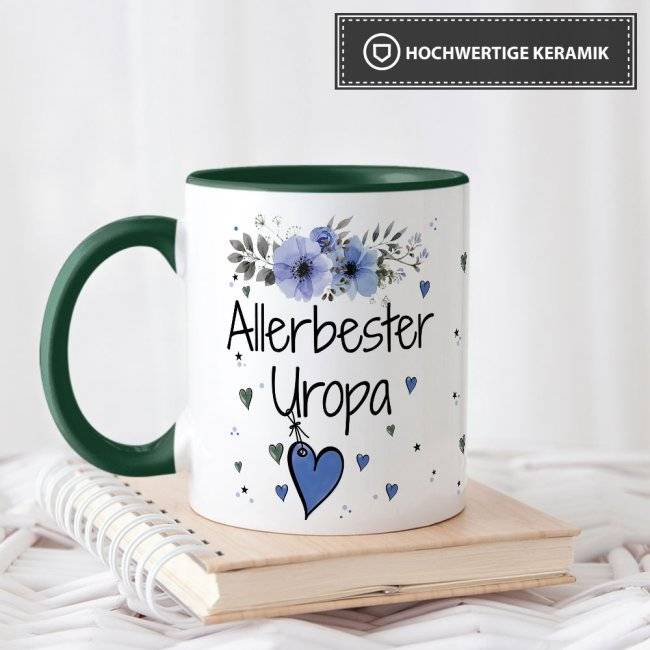 Tassendruck mit schönem Blumenmotiv - Allerbester Uropa - Innen & Henkel Dunkelgrün Muttertagsangebot