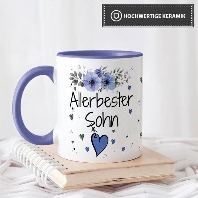 Tassendruck mit schönem Blumenmotiv - Allerbester Sohn - Innen & Henkel Cambridge Blau Jubiläumsangebot