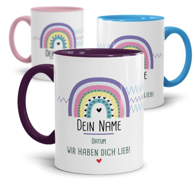 Tassendruck Namenstasse und Datum - Regenbogen, Wir haben dich lieb