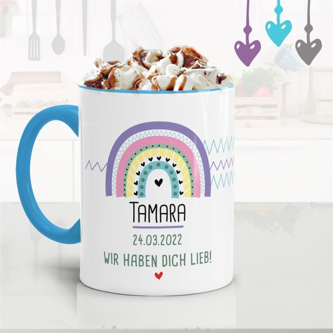 Tassendruck Namenstasse und Datum - Regenbogen, Wir haben dich lieb Lagerräumung