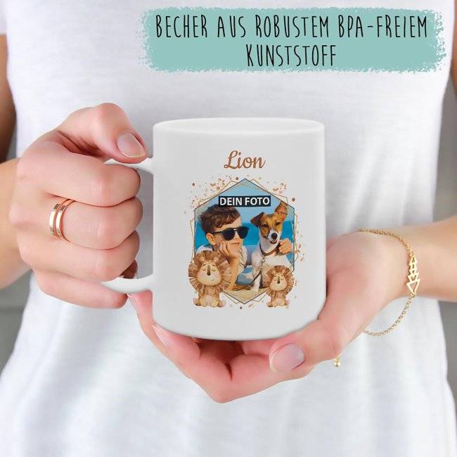 Tassendruck Plastiktasse mit Foto für Kinder - Löwe - mit Name personalisierbar - aus robustem Kunststoff Heißer Verkauf