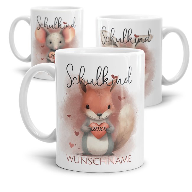 Tassendruck Namenstasse zur Einschulung - Schulkind - verschiedene Tiermotive - mit Name und Jahr personalisierbar Zeitlich begrenztes Angebot