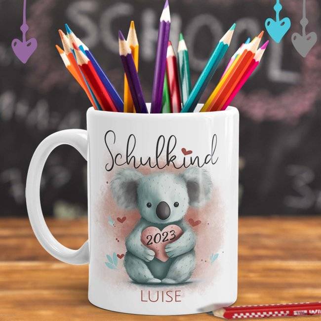 Tassendruck Namenstasse zur Einschulung - Schulkind - verschiedene Tiermotive - mit Name und Jahr personalisierbar Zeitlich begrenztes Angebot