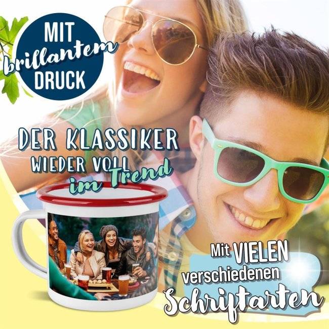 Tassendruck Große Emailletasse weiß Rand rot - 300 ml Riesige Ersparnisse