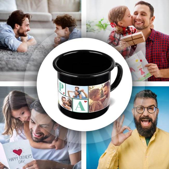 Tassendruck Emaille- schwarz - Papa - mit sechs Fotos bedruckt Tiefpreis
