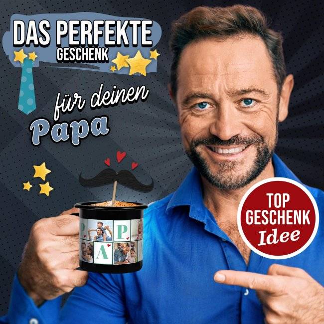 Tassendruck Emaille- schwarz - Papa - mit sechs Fotos bedruckt Tiefpreis