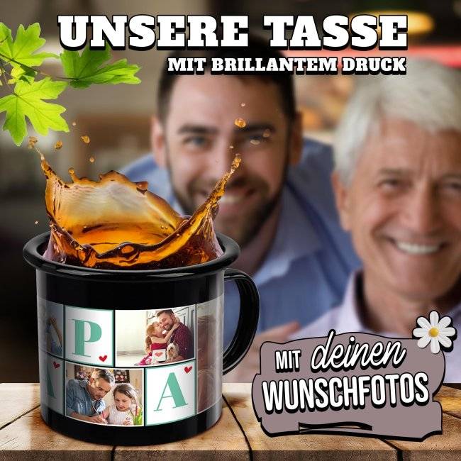 Tassendruck Emaille- schwarz - Papa - mit sechs Fotos bedruckt Tiefpreis