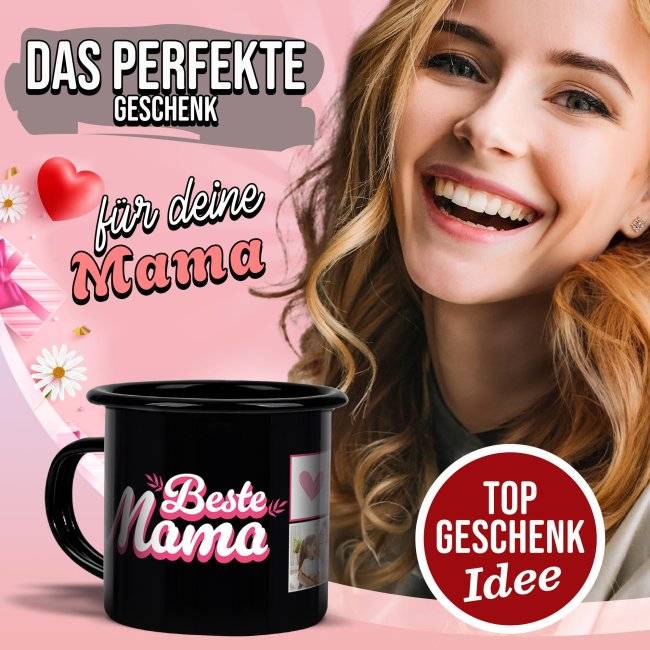 Tassendruck Emaille- schwarz für die beste Mama - mit drei Fotos Neueste Stile