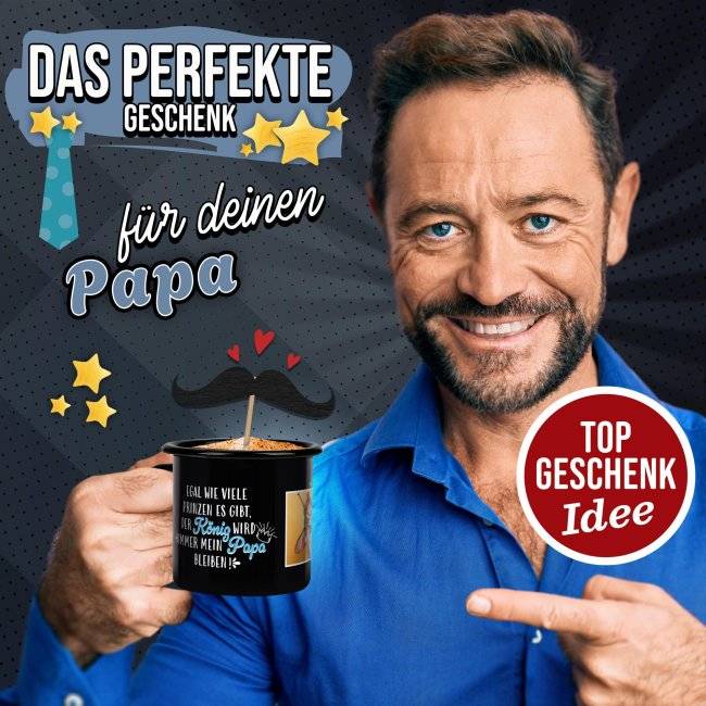 Tassendruck Emaille- schwarz mit Spruch - Papa ist mein König - mit Foto Letzte 2 Tage