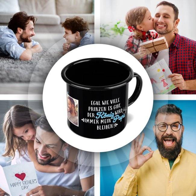Tassendruck Emaille- schwarz mit Spruch - Papa ist mein König - mit Foto Letzte 2 Tage