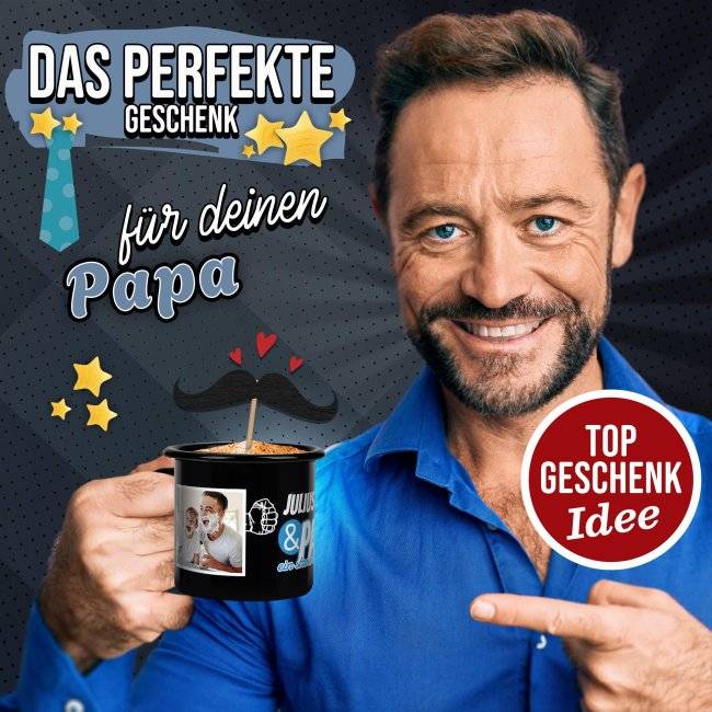Tassendruck Schwarze Emaille- für Papa - Starkes Team - mit Name und Fotos Letzter Tag