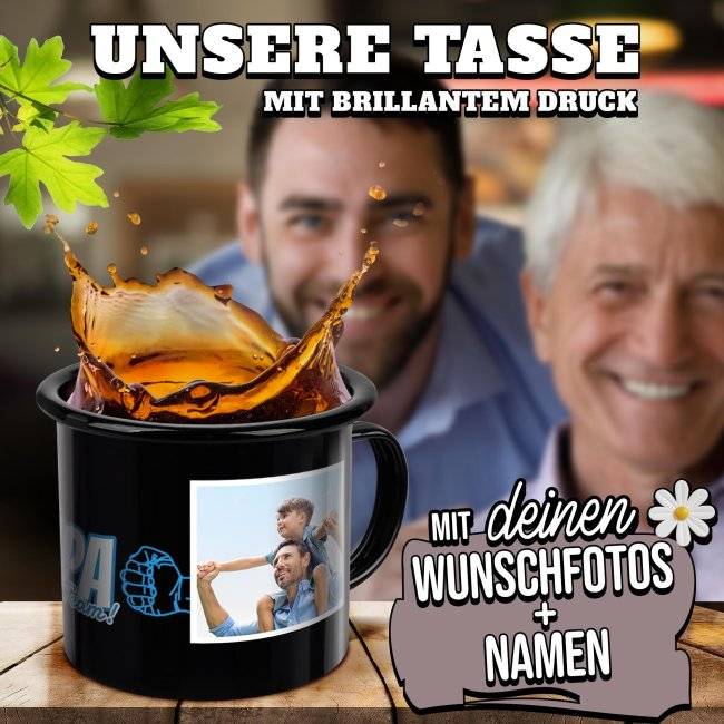 Tassendruck Schwarze Emaille- für Papa - Starkes Team - mit Name und Fotos Letzter Tag