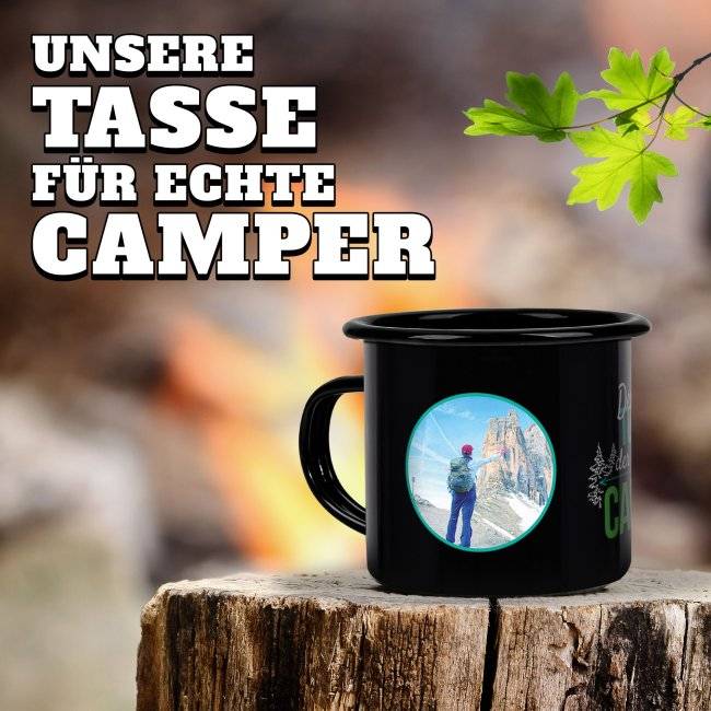 Tassendruck Spruchtasse aus schwarzer Emaille - Der tut nix, der will nur campen - mit 2 Fotos gestalten Zeitbegrenzte Promotion