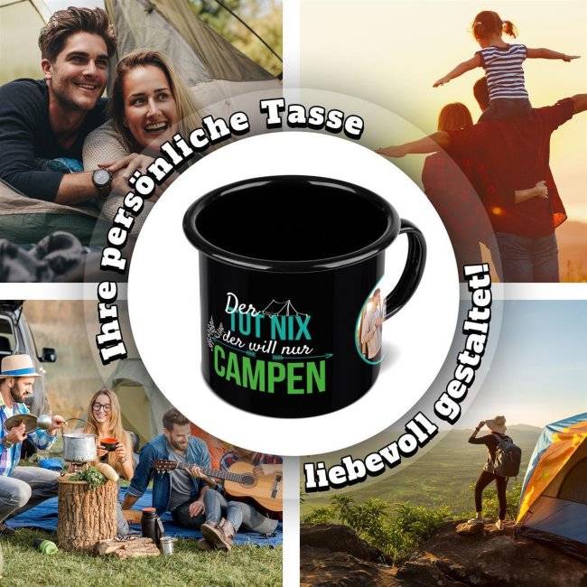 Tassendruck Spruchtasse aus schwarzer Emaille - Der tut nix, der will nur campen - mit 2 Fotos gestalten Zeitbegrenzte Promotion