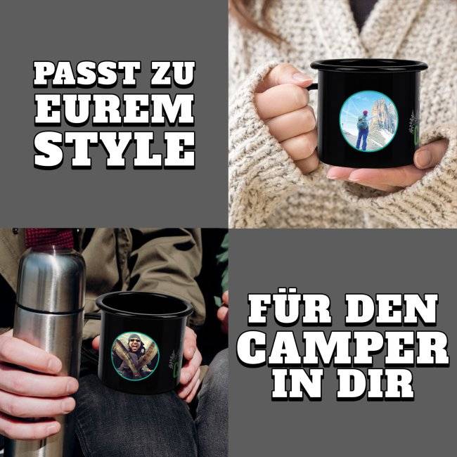 Tassendruck Spruchtasse aus schwarzer Emaille - Der tut nix, der will nur campen - mit 2 Fotos gestalten Zeitbegrenzte Promotion