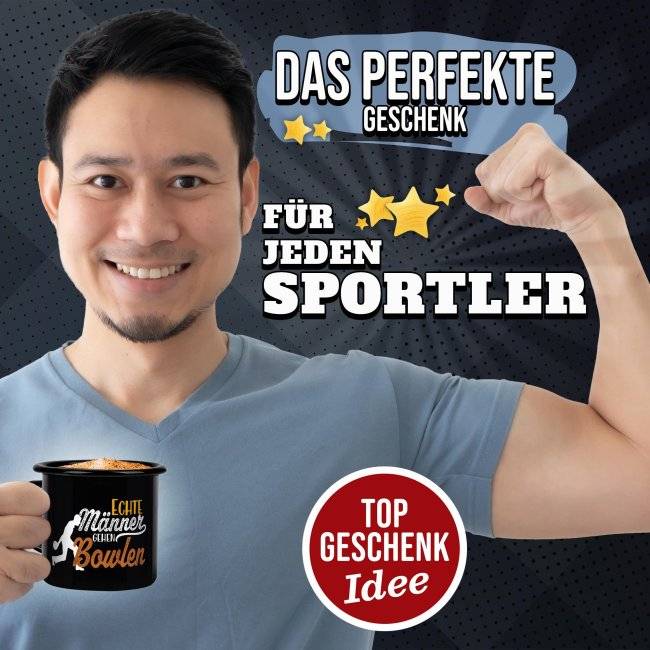Tassendruck Schwarze Emaille- mit Spruch - Echte Männer gehen Bowlen Discount Store für neue Produkte