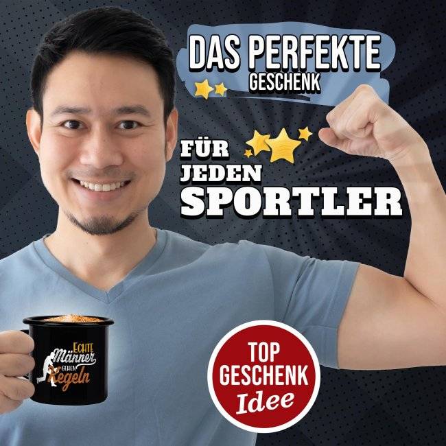 Tassendruck Schwarze Emaille- mit Spruch - Echte Männer gehen Kegeln Nur noch ein Tag übrig