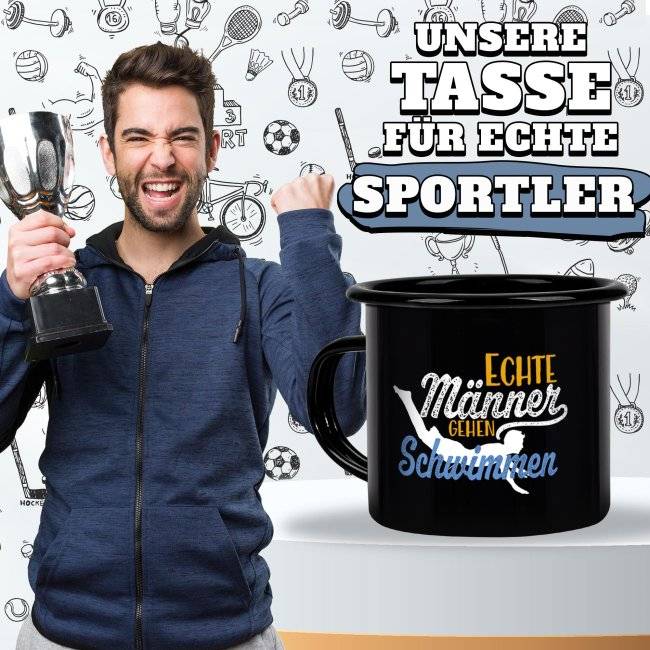 Tassendruck Schwarze Emaille- mit Spruch - Echte Männer gehen Schwimmen 50% Rabatt mit kostenlosem Versand