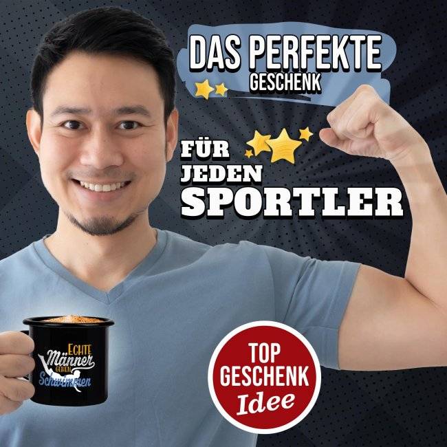 Tassendruck Schwarze Emaille- mit Spruch - Echte Männer gehen Schwimmen 50% Rabatt mit kostenlosem Versand
