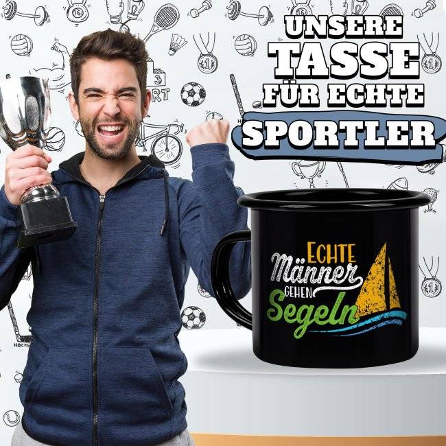 Tassendruck Schwarze Emaille- mit Spruch - Echte Männer gehen Segeln Clearance-Verkauf