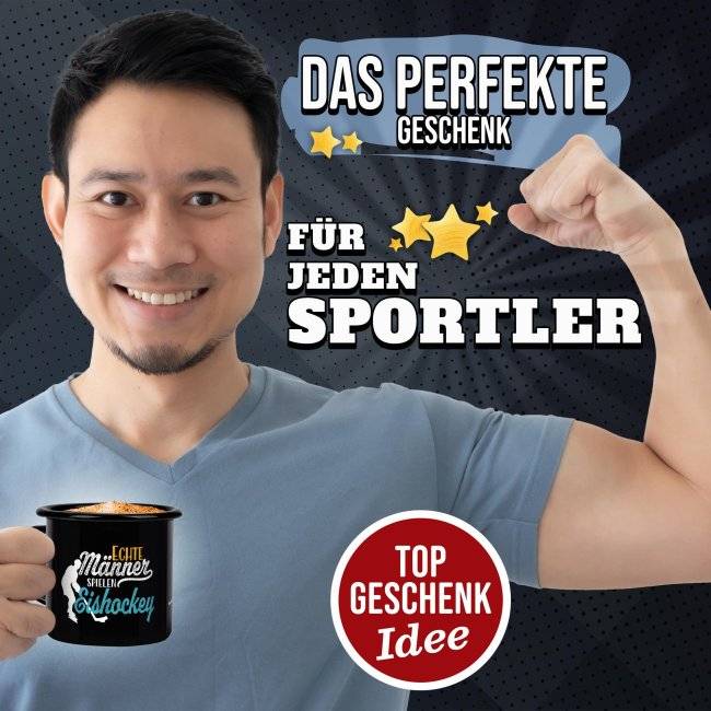 Tassendruck Schwarze Emaille- mit Spruch - Echte Männer spielen Eishockey Begrenzt auf 3 Tage
