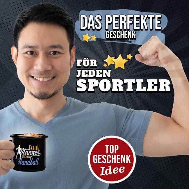 Tassendruck Schwarze Emaille- mit Spruch - Echte Männer spielen Handball Black Friday Preise