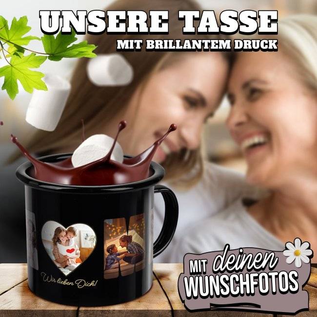 Tassendruck Schwarze aus Emaille - Wir lieben dich, Mama - mit 5 Fotos 50% Rabatt für begrenzte Zeit