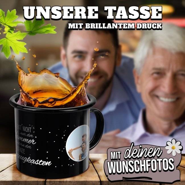 Tassendruck Spruchtasse aus schwarzer Emaille - Kein Hammer, ganzer Werkzeugkasten - mit 2 Fotos gestalten Rabatte dieses Monats