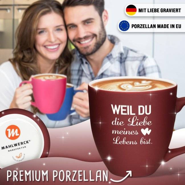 Tassendruck Samtig-matte Porzellantasse mit Gravur - XXL Jumbotasse - Liebe meines Lebens - mit Softtouch-Effekt Letzte 3 Tage