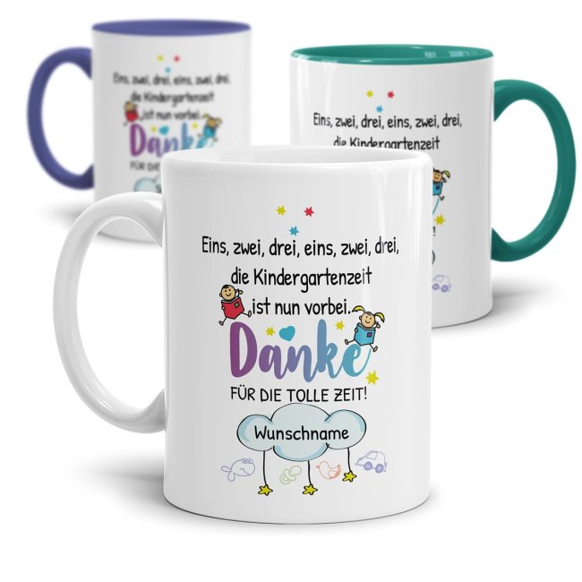 Tassendruck Personalisierbare für Erzieher - Eins, Zwei, Drei - Danke für die tolle Zeit - mit Name