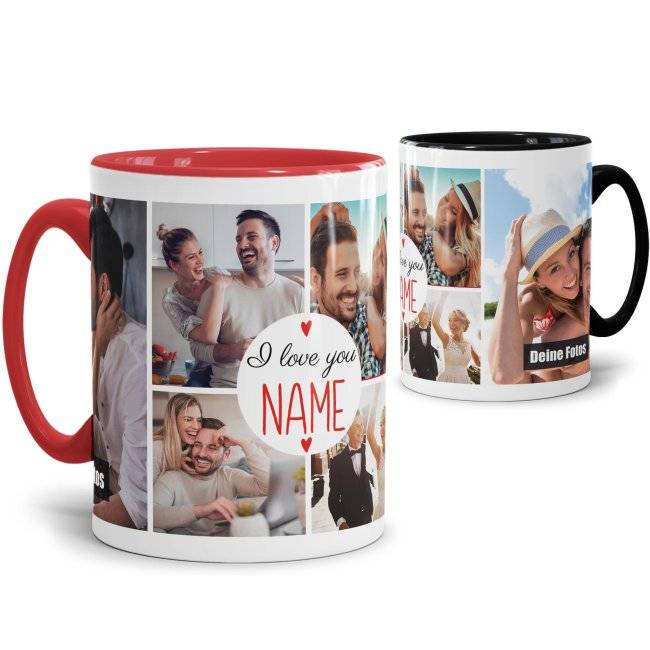 Tassendruck - I love you - Collage aus 6 Fotos plus Name Discount Store für neue Produkte
