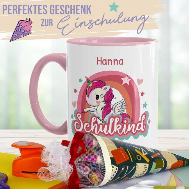 Tassendruck zur Einschulung - Einhorn - Schulkind - mit Jahr und Name personalisierbar 50% Rabatt mit kostenlosem Versand
