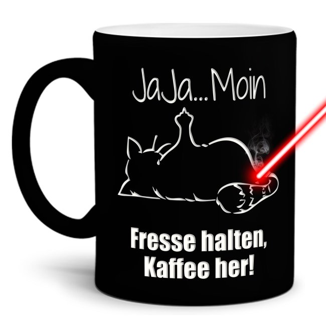 Tassendruck mit Gravur - Jaja Moin - Fresse halten, Kaffee her! 2025