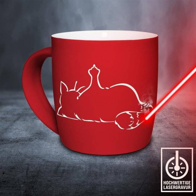 Tassendruck Tassen mit Lasergravur - Katze zeigt Mittelfinger Verkauf