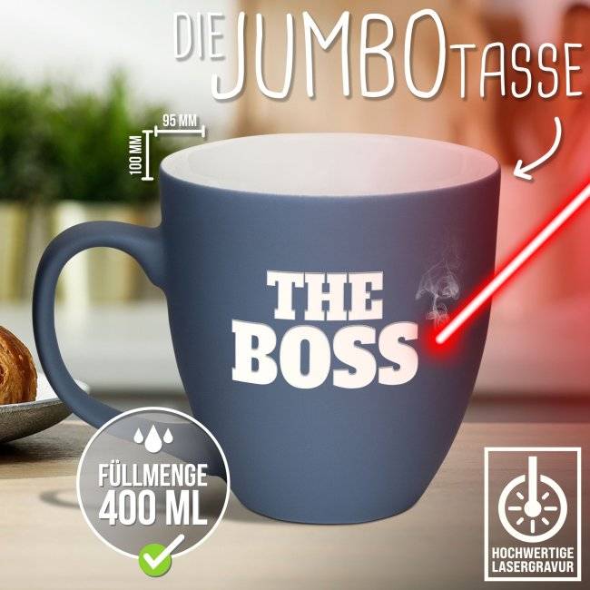 Tassendruck Samtig-matte Porzellantasse mit Gravur - XXL Jumbotasse - THE BOSS - Softtouch-Effekt Schlussverkauf