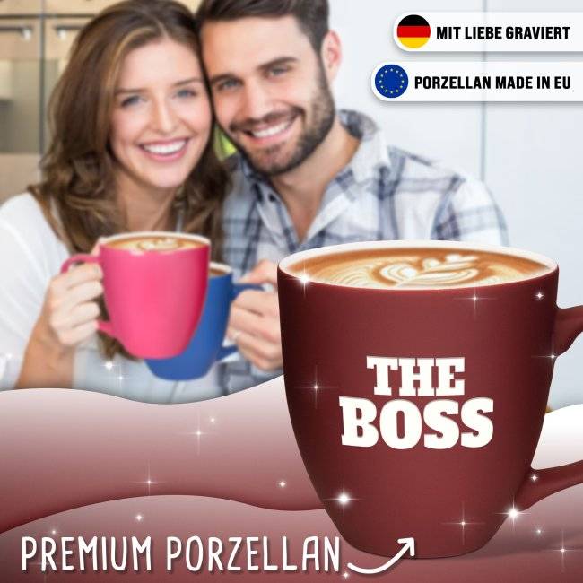 Tassendruck Samtig-matte Porzellantasse mit Gravur - XXL Jumbotasse - THE BOSS - Softtouch-Effekt Schlussverkauf