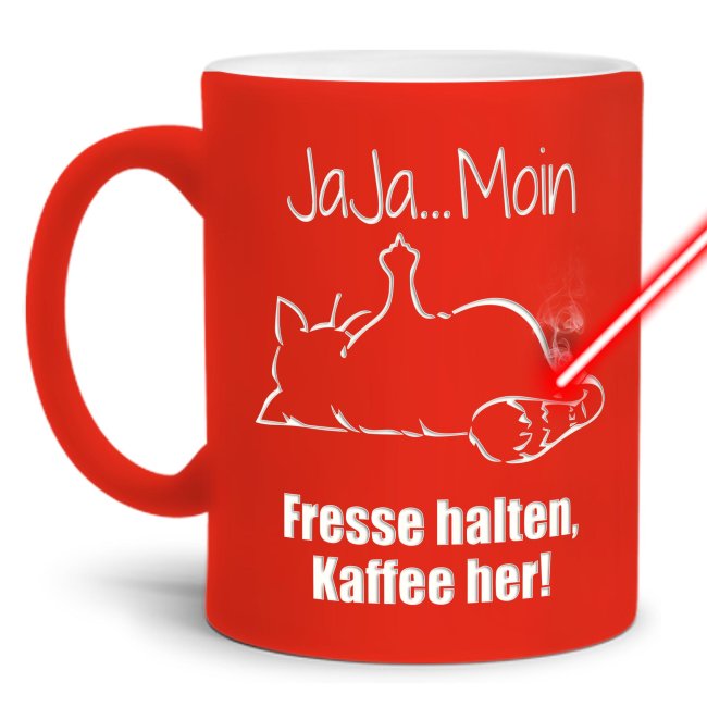 Tassendruck Neon mit Gravur - Jaja Moin, Fresse halten, Kaffee her!
