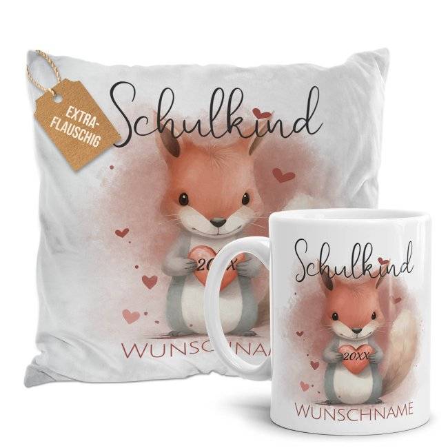 Tassendruck Geschenk-Set zur Einschulung - Kissen & - mit 5 süßen Tiermotiven und 3 flauschigen Kissenfarben zur Auswahl