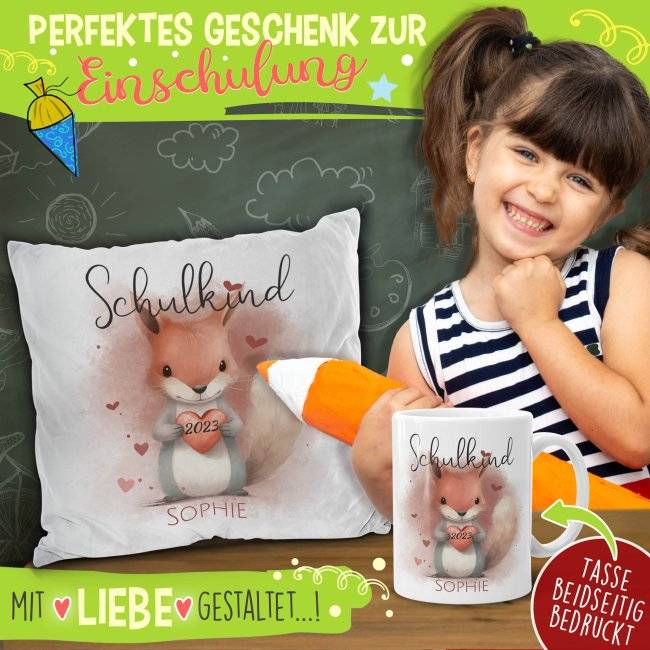 Tassendruck Geschenk-Set zur Einschulung - Kissen & - mit 5 süßen Tiermotiven und 3 flauschigen Kissenfarben zur Auswahl Saisonschlussverkauf