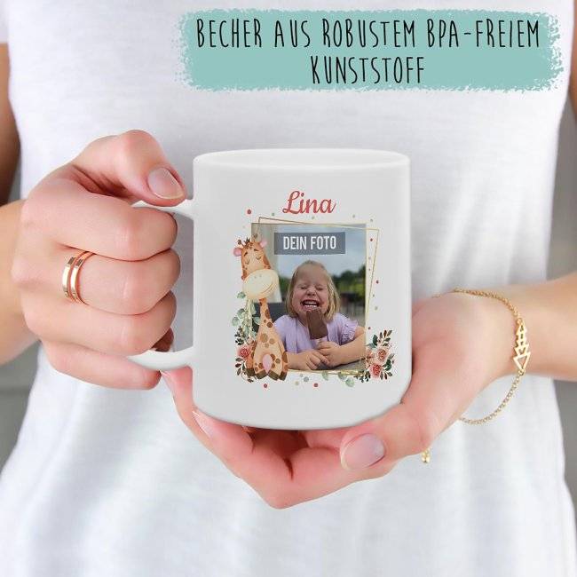 Tassendruck Plastiktasse mit Foto für Kinder - Giraffe - mit Name personalisierbar - aus robustem Kunststoff Vatertagsangebot