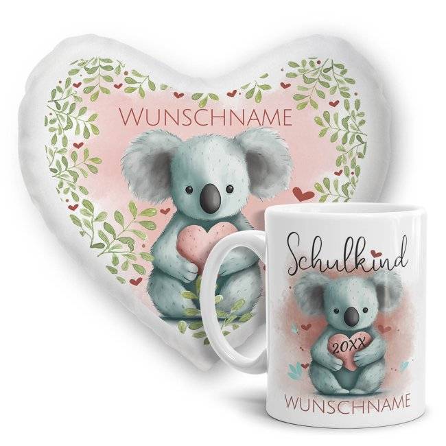 Tassendruck Geschenk-Set zur Einschulung - Herzkissen & Keramiktasse - mit 5 süßen Tiermotiven zur Auswahl - mit Name und Jahreszahl personalisierbar