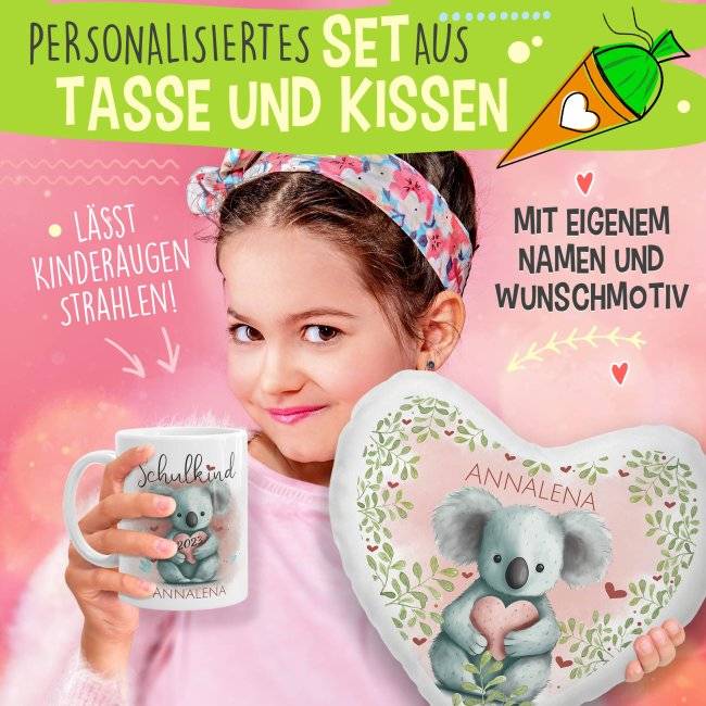 Tassendruck Geschenk-Set zur Einschulung - Herzkissen & Keramiktasse - mit 5 süßen Tiermotiven zur Auswahl - mit Name und Jahreszahl personalisierbar Sonderangebote