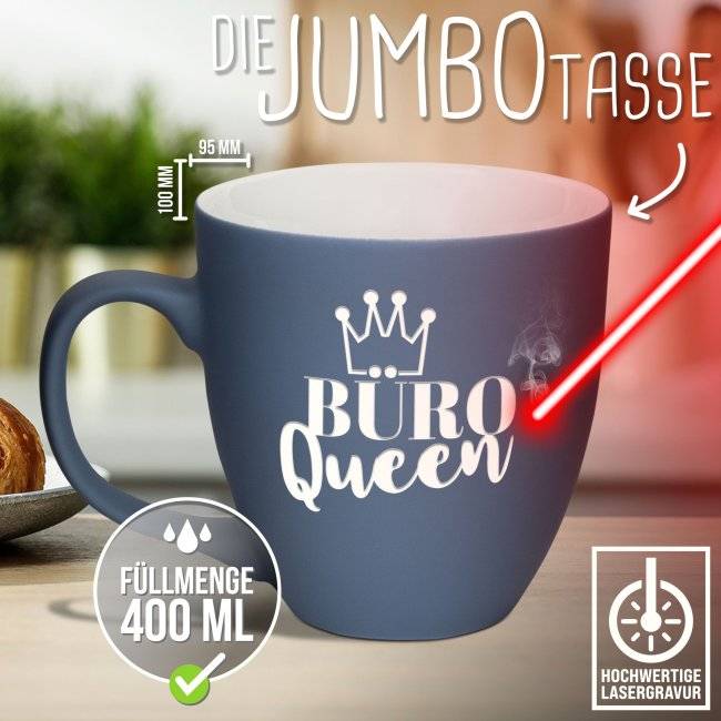 Tassendruck Samtig-matte Porzellantasse mit Gravur - XXL Jumbotasse - Büro QUEEN - Softtouch Effect Fabrikladen