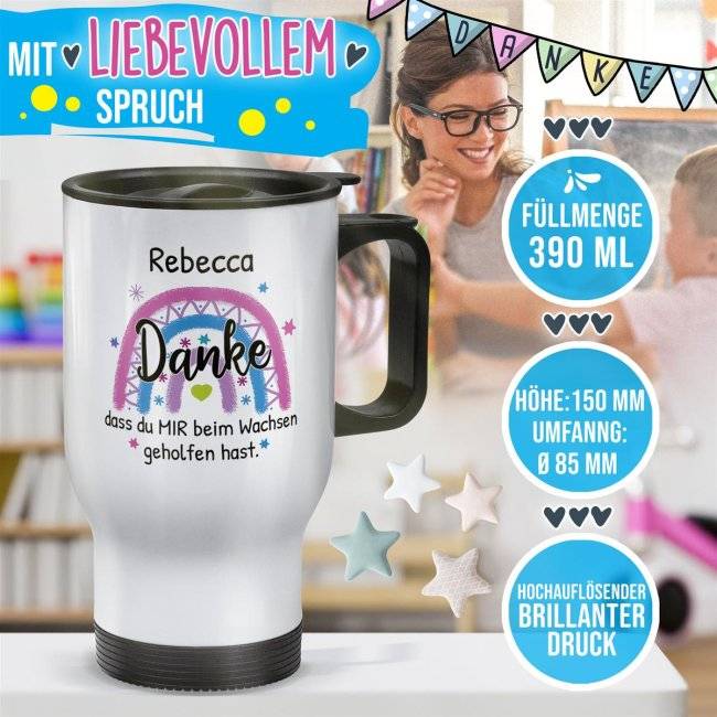 Tassendruck Thermobecher für Erzieherin - Danke, geholfen hast - Regenbogen Rosa - mit Name personalisierbar - Weiß Black Friday Preise