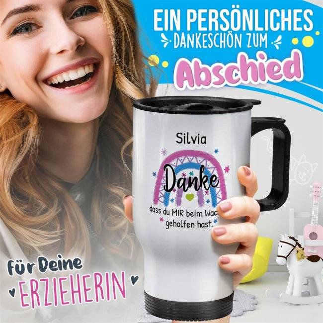 Tassendruck Thermobecher für Erzieherin - Danke, geholfen hast - Regenbogen Rosa - mit Name personalisierbar - Weiß Black Friday Preise