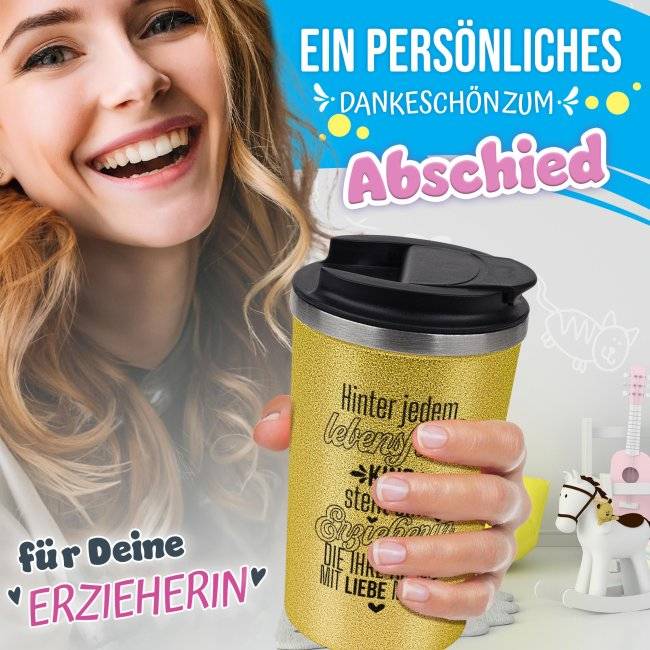 Tassendruck To Go Edelstahlbecher Glitzer - Hinter jedem Kind steht eine Erzieherin Rabatte dieses Monats